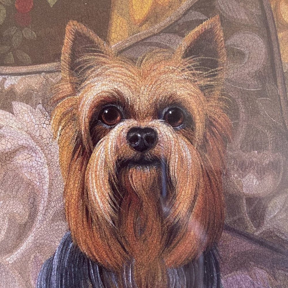 NY Artist Elaine Vollherbst Pampered Yorkie Dog Print Wood Frame Glass Art